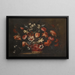 Naturstillleben mit einem Korb voller Tulpen, Nelken und anderen Blumen auf einem Steinsockel - José de Arellano — gerahmtes Bild an der Wand