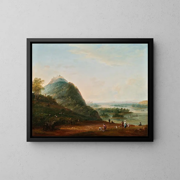 Weinernte-Gemälde bei Wien mit Blick auf Klosterneuburg, den Leopoldsberg, den Bisamberg und Korneuburg - Josef Heideloff — gerahmtes Bild an der Wand