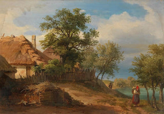 Josef Hger - Landscape with Thatched Farmhouses and decorative figures.webp