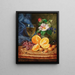 Naturstillleben mit Orangen, einem Weinglas und Kamelien in einer Vase - Josef Lauer — gerahmtes Bild an der Wand