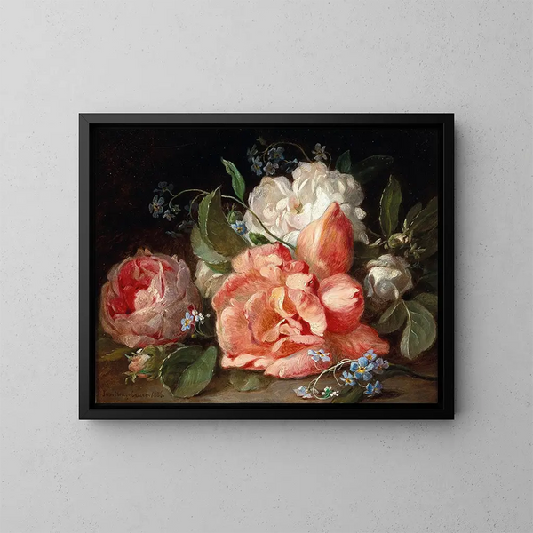 Ein Blumenstrauß mit Rosen und Vergissmeinnicht - Josef Neugebauer — gerahmtes Bild an der Wand