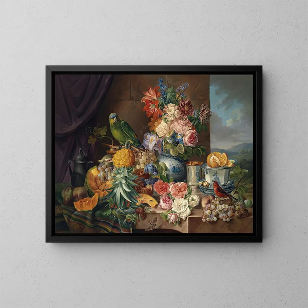 Naturmorte mit Früchten, Blumen und Papagei - Josef Schuster — gerahmtes Bild an der Wand