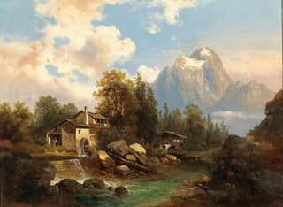 Josef Thoma - A Mill by a Mountain River in the Background the Dachstein Massif.webp