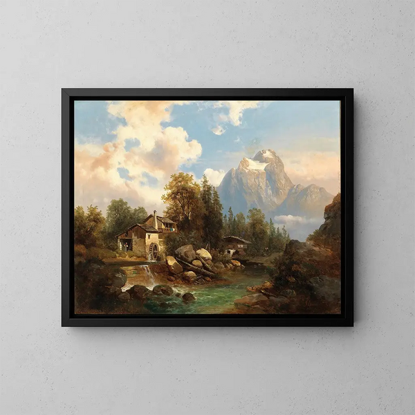 Ein Mühle am Flussufer eines Bergflusses mit dem Dachstein-Massiv im Hintergrund - Josef Thoma — gerahmtes Bild an der Wand