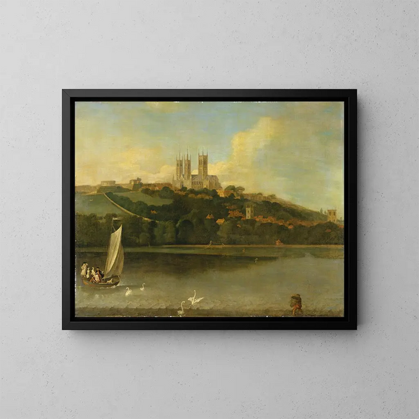 Ansicht der Kathedrale und der Stadt Lincoln vom Fluss - Joseph Baker de Lincoln — gerahmtes Bild an der Wand