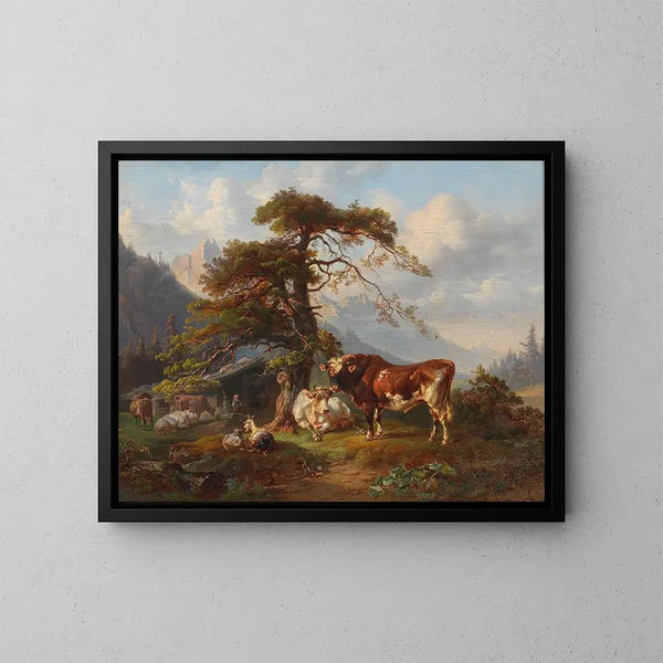 Auf der Alpenweide - Joseph Heicke — gerahmtes Bild an der Wand