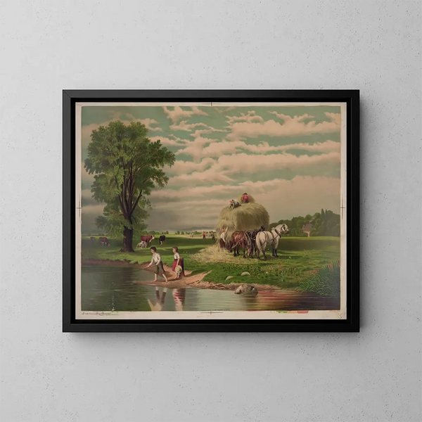 Amerikanisches Heuernte-Gemälde - Joseph Hoover — gerahmtes Bild an der Wand