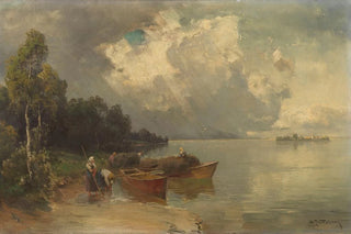 Joseph Wopfner - Verschiffung der Heuernte am Chiemsee mit aufziehendem Gewitter.webp