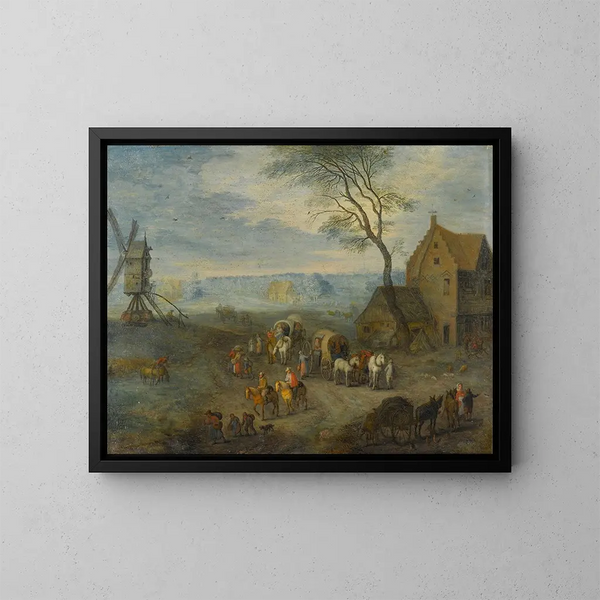 Eine Dorfszene mit Reisenden in der Nähe eines Windmühlens - Joseph van Bredael — gerahmtes Bild an der Wand