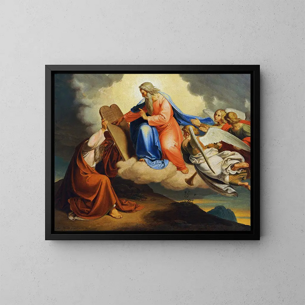Gott schreibt die zehn Gebote auf zwei Steintafeln an Moses am Berg Sinai - Joseph von Führich — gerahmtes Bild an der Wand