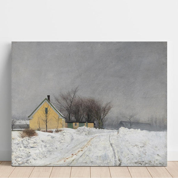 Reproduktion des Gemäldes Winterlicher Nebeltag, links ein gelbes Haus, dicker Schnee - Laurits Andersen Ring