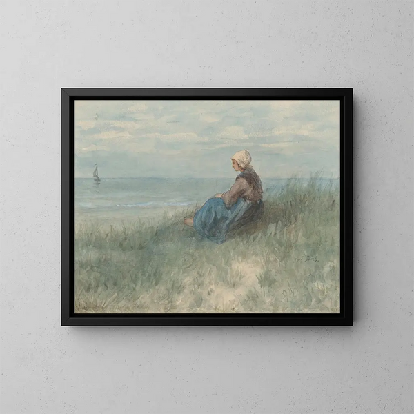 Eine sitzende Frau auf einer Düne, die auf das Meer blickt - Jozef Israëls — gerahmtes Bild an der Wand