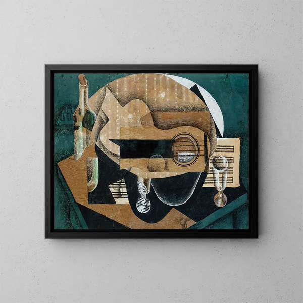 Eine Gitarre, eine Brille und eine Flasche - Juan Gris — gerahmtes Bild an der Wand