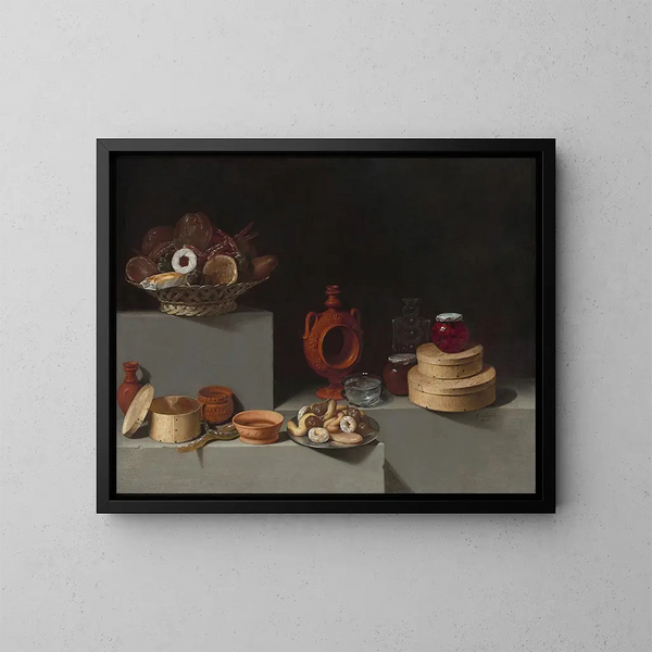 Stillleben mit Süßigkeiten und Keramik - Juan van der Hamen y León — gerahmtes Bild an der Wand