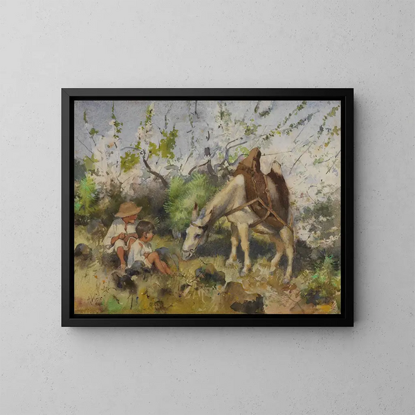 Sommerlandschaft mit Kindern und Esel - Julian Alden Weir — gerahmtes Bild an der Wand