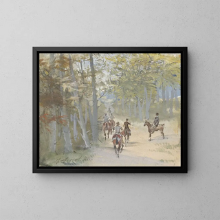 Landschaft mit Reitern im Wald - Jules Baron Finot — gerahmtes Bild an der Wand