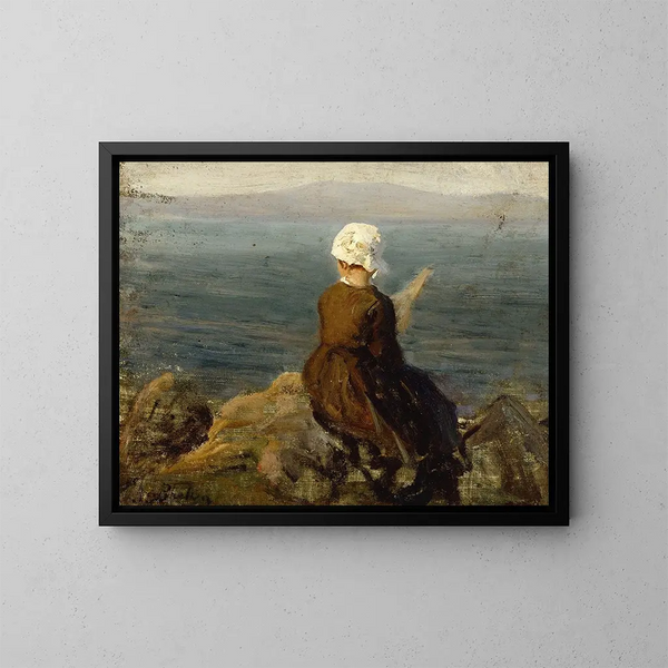 Fileuse sur les rochers à Douarnenez - Jules Breton — gerahmtes Bild an der Wand