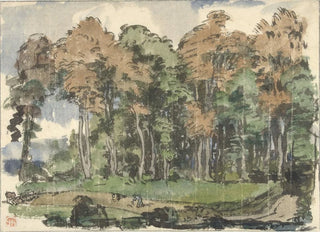 Jules Chadel - Weg aan een bosrand met landlieden aan het werk.webp