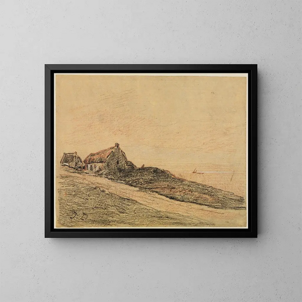 Küstenlandschaft bei Cayeux mit zwei Hütten - Jules Dupré — gerahmtes Bild an der Wand