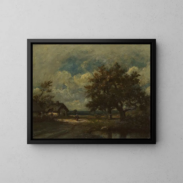 Das Cottage am Straßenrand unter einem Gewitterhimmel - Jules Dupré — gerahmtes Bild an der Wand