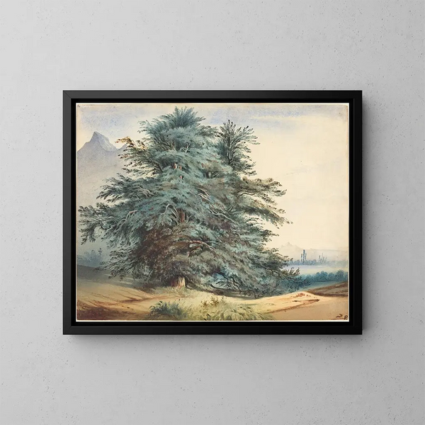 Zwei alte Bäume vor einem Berggipfel - Jules Dupré — gerahmtes Bild an der Wand
