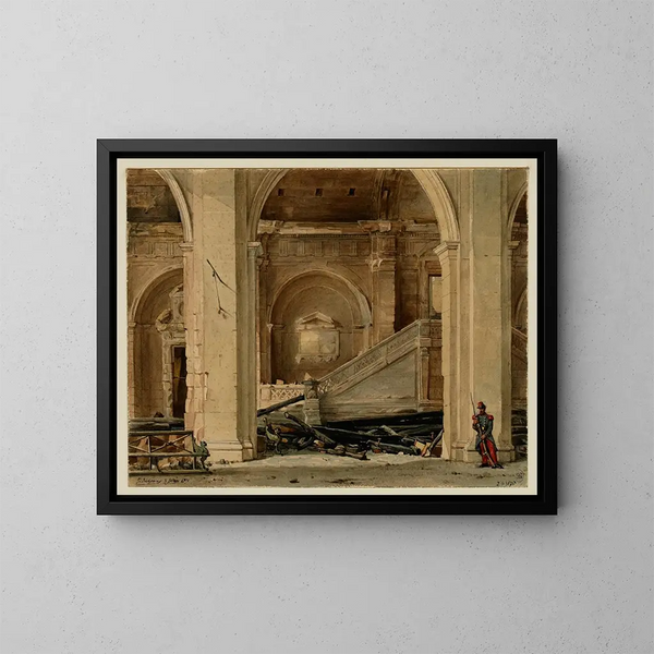 L'escalier du Palais de Justice nach dem Brand von 1871 - Jules Richomme — gerahmtes Bild an der Wand