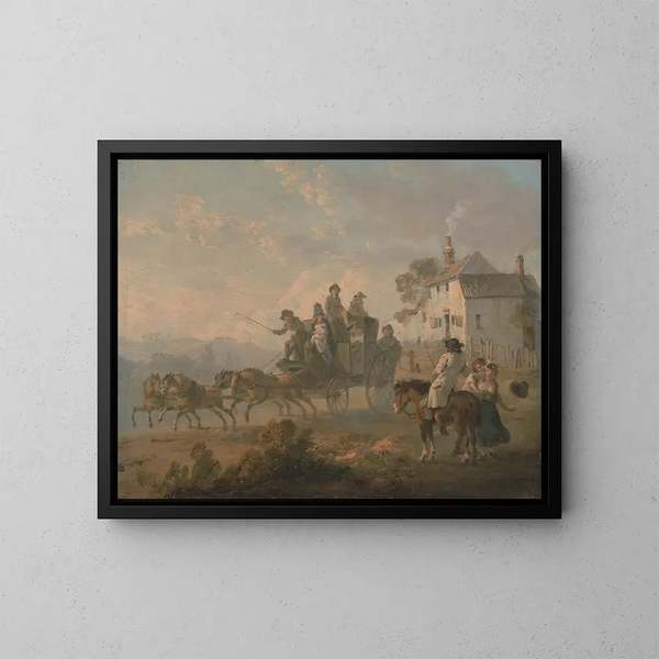 Eine Postkutsche auf einer Landstraße - Julius Caesar Ibbetson — gerahmtes Bild an der Wand