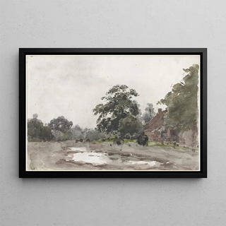 Julius Jacobus van de Sande Bakhuyzen - Boerderij onder hoge bomen met water op de voorgrond.webp