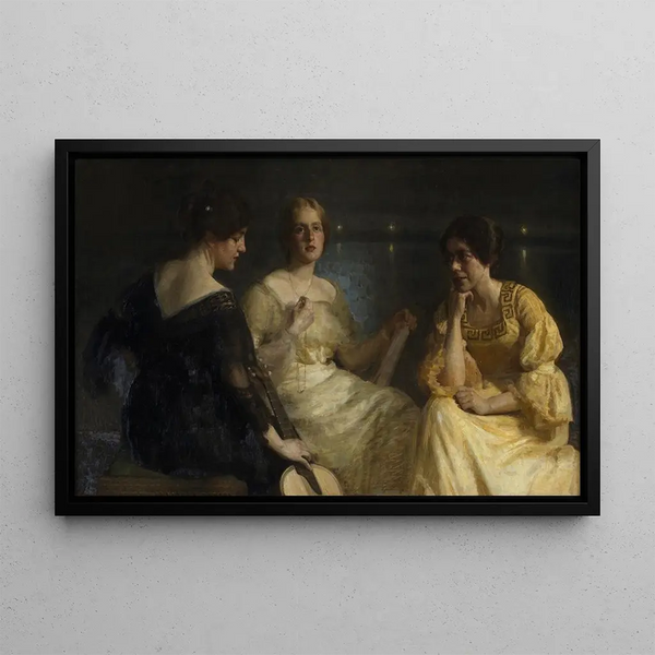 Junge Frauen, von links nach rechts: Karen Bramsen, die Ehefrau des Künstlers, Esther F. Lange, Johanne Munch-Petersen - Julius Paulsen — gerahmtes Bild an der Wand