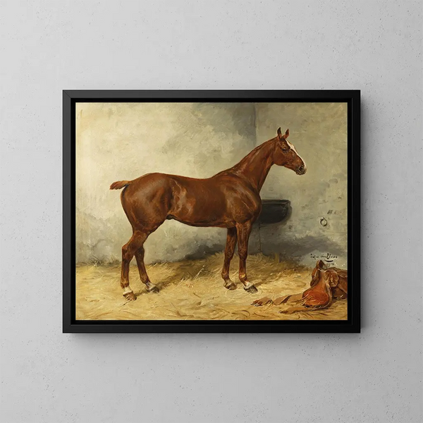 Ein Pferd in einer Stallung - Julius von Blaas — gerahmtes Bild an der Wand