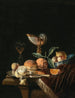 eines Gemäldes einer Tasse Nautilus, einer Porzellantasse WanLi Kraak mit gemischtem Obst, eines silbernen Tabletts und eines Weinglases auf einem Steintisch mit Samtdecke - Juriaen van Streeck — Ansicht des Kunstwerks