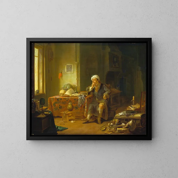 Ein Gelehrter in seinem Arbeitszimmer - Justus Juncker — gerahmtes Bild an der Wand