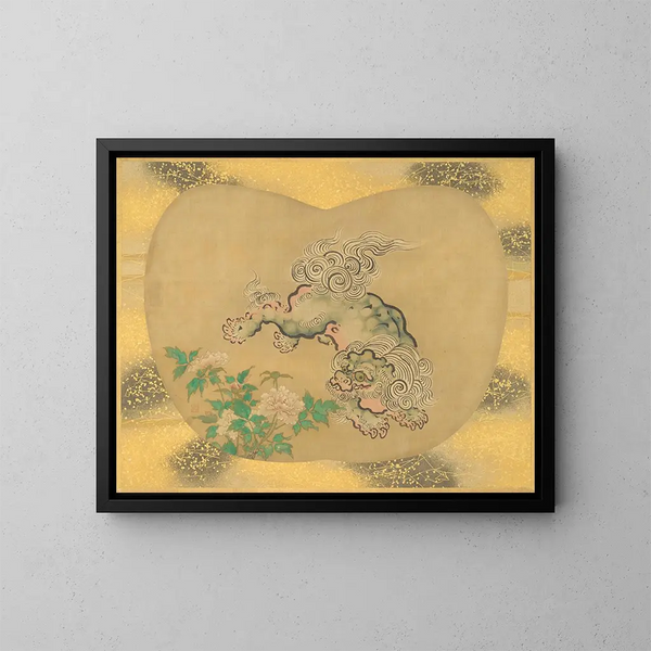 Löwe chinesisch und Pfingstrosen - Kanō Tsunenobu — gerahmtes Bild an der Wand