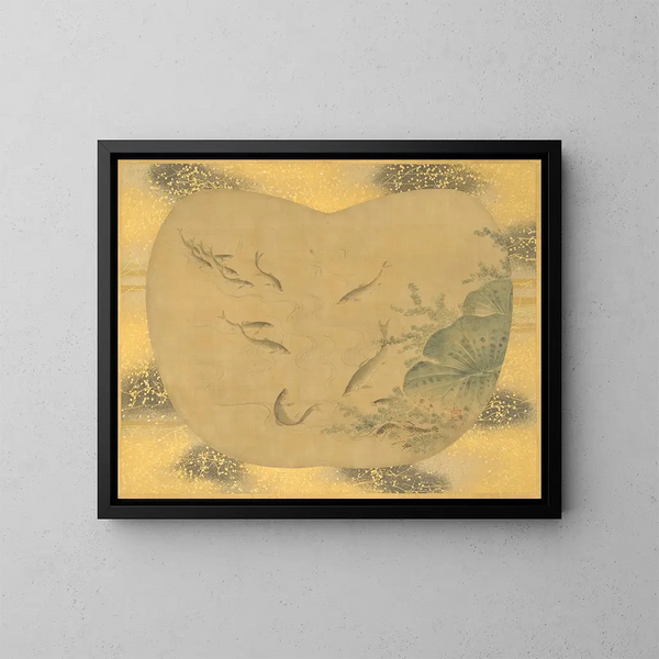 Fisch und Wasserpflanzen in einem Lotus-Teich - Kanō Tsunenobu — gerahmtes Bild an der Wand