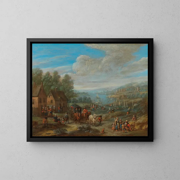 Ein Flusslandschaft mit einem Dorf und Reisenden - Karel Breydel — gerahmtes Bild an der Wand