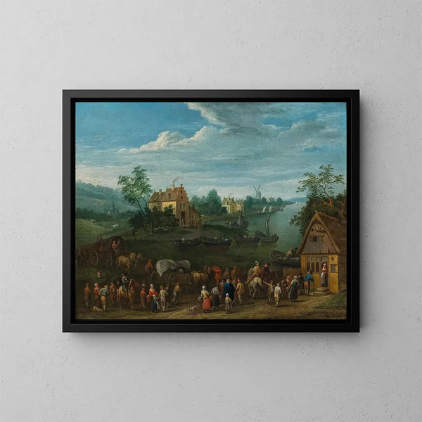 Ein Flusslandschaft mit Reisenden im Vordergrund - Karel Breydel — gerahmtes Bild an der Wand