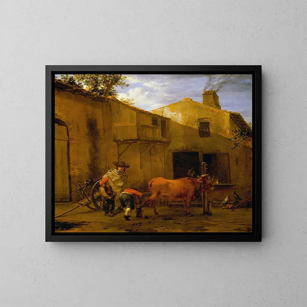 Ein Schmied, der ein Rind beschlägt - Karel Dujardin — gerahmtes Bild an der Wand