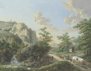 Karl Franz Kraul - Gebirgslandschaft ein Packwagen fhrt auf der Landstrae rechts.webp