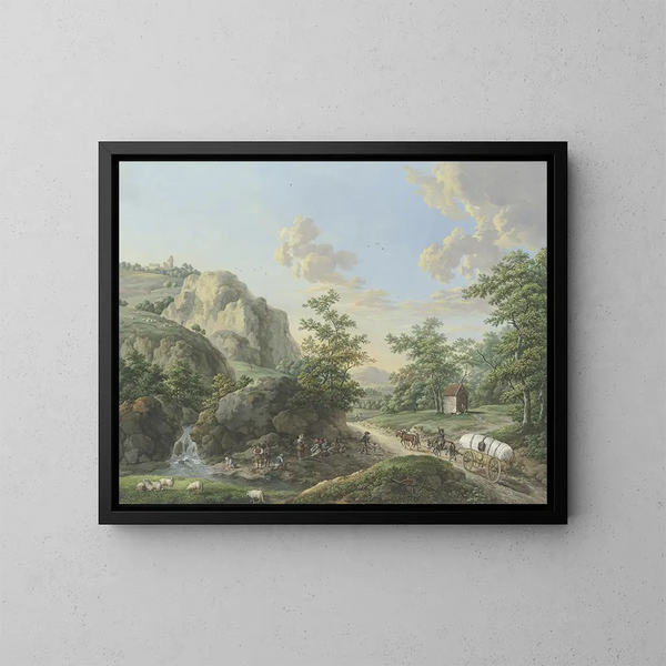 Landschaft mit Bergen, mit einem Wagen auf der Straße rechts - Karl Franz Kraul — gerahmtes Bild an der Wand