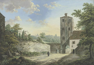 Karl Franz Kraul - Italienische Phantasielandschaft mit einem Turm und Torausgang links auf der Hhe ein Tempel vorne ein Pilger.webp