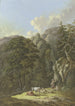 Landschaftsbild mit bewaldeten Bergen, einer alten Tür und einer Herde Rinder in einer Lichtung - Karl Franz Kraul — Ansicht des Kunstwerks