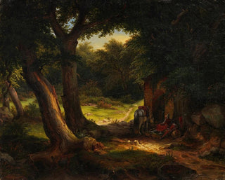 Karl Friedrich Lessing - Eichenwald mit einem am Brunnen rastenden Kreuzritter.webp