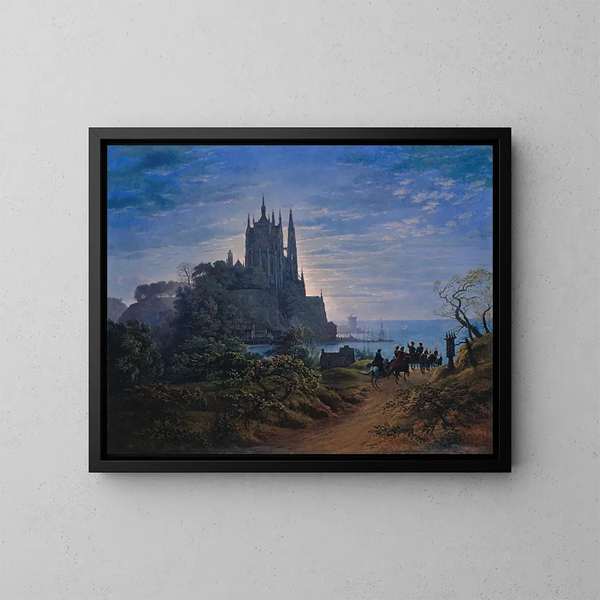gotische Kirche auf einem Felsen am Meer - Karl Friedrich Schinkel — gerahmtes Bild an der Wand