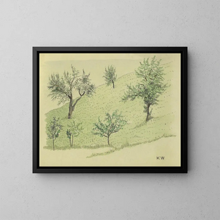 Unbenanntes Gemälde, Laubbäume auf Hügel - Karl Wiener — gerahmtes Bild an der Wand