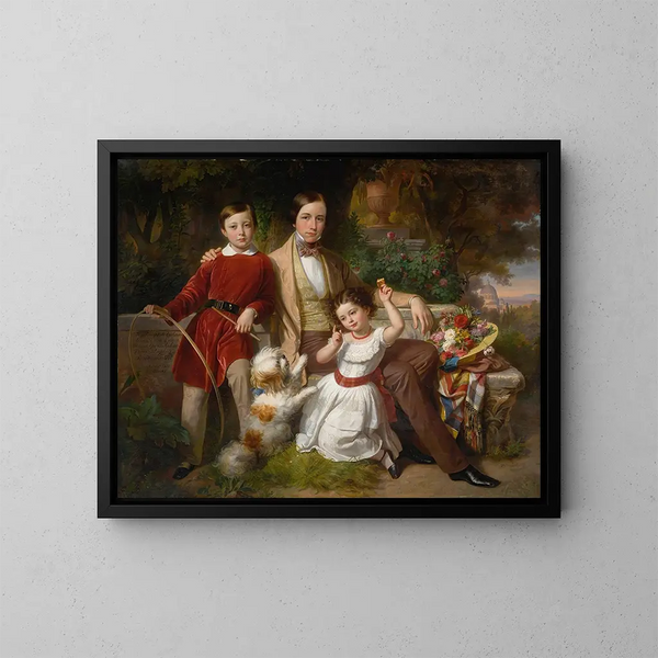 Der Fürst von Valmontone mit der Dame Gwendalina Doria Pamphili und Bertram Talbot in einem Garten einer Villa - Karl von Blaas — gerahmtes Bild an der Wand