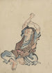 eines Mannes, der nach links blickt, mehrere Kleidungsschichten trägt, sitzend, die Arme über dem Kopf erhoben, beim Yoga - Katsushika Hokusai — Ansicht des Kunstwerks
