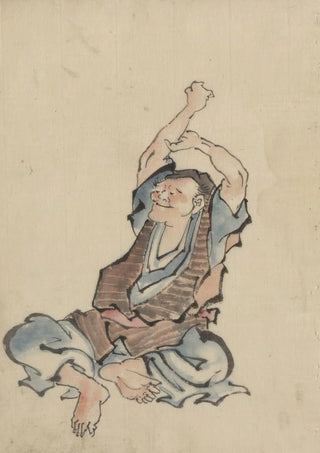 Katsushika Hokusai - A man facing left wearing several layers of clothing sitting with arms raised over his head practicing yoga.webp