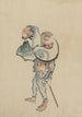 Ein Mann, der nach links geht, mit einem großen Hut, der auf seinem Rücken ruht, und Sandalen trägt, einen kurzen Stock haltend, möglicherweise zum Antrieb eines Bootes verwendet - Katsushika Hokusai — Ansicht des Kunstwerks