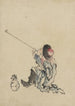 eines sitzenden Reisenden, der ein Kleid, Stiefel und einen kegelförmigen Hut mit abgerundeter Spitze trägt und eine lange Pfeife raucht - Katsushika Hokusai — Ansicht des Kunstwerks
