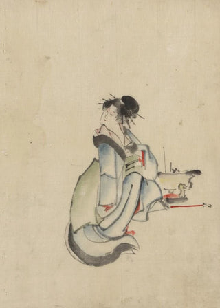 Katsushika Hokusai - A woman possibly a courtesan seated facing right with her head turned to look back over her right shoulder wearing several hairpins.webp